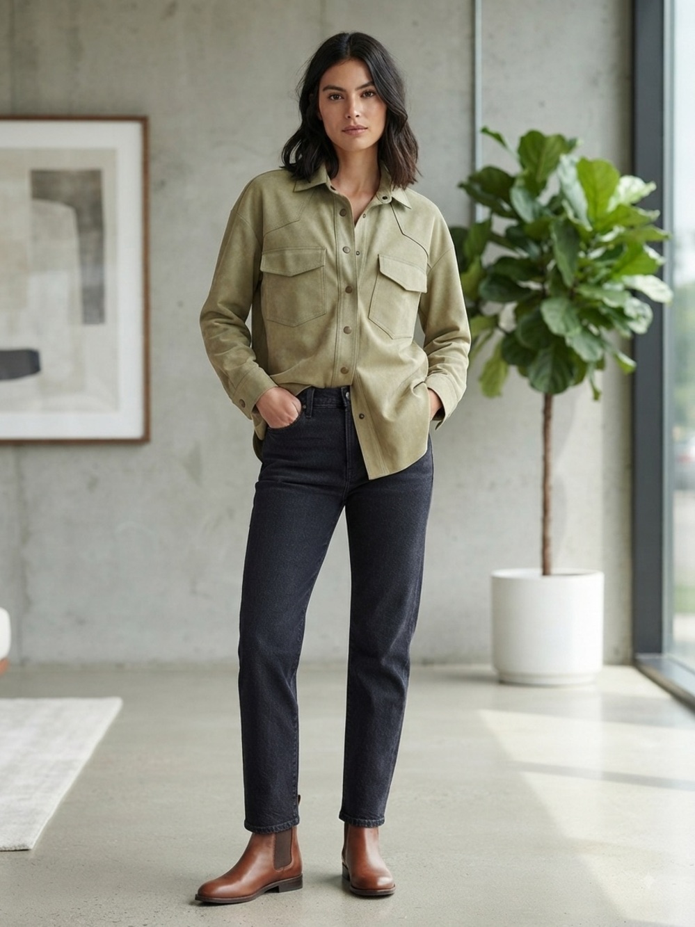 💕Women's Olive Green Faux Suede Snap-Down Utility Shirt NWOT **see callout**